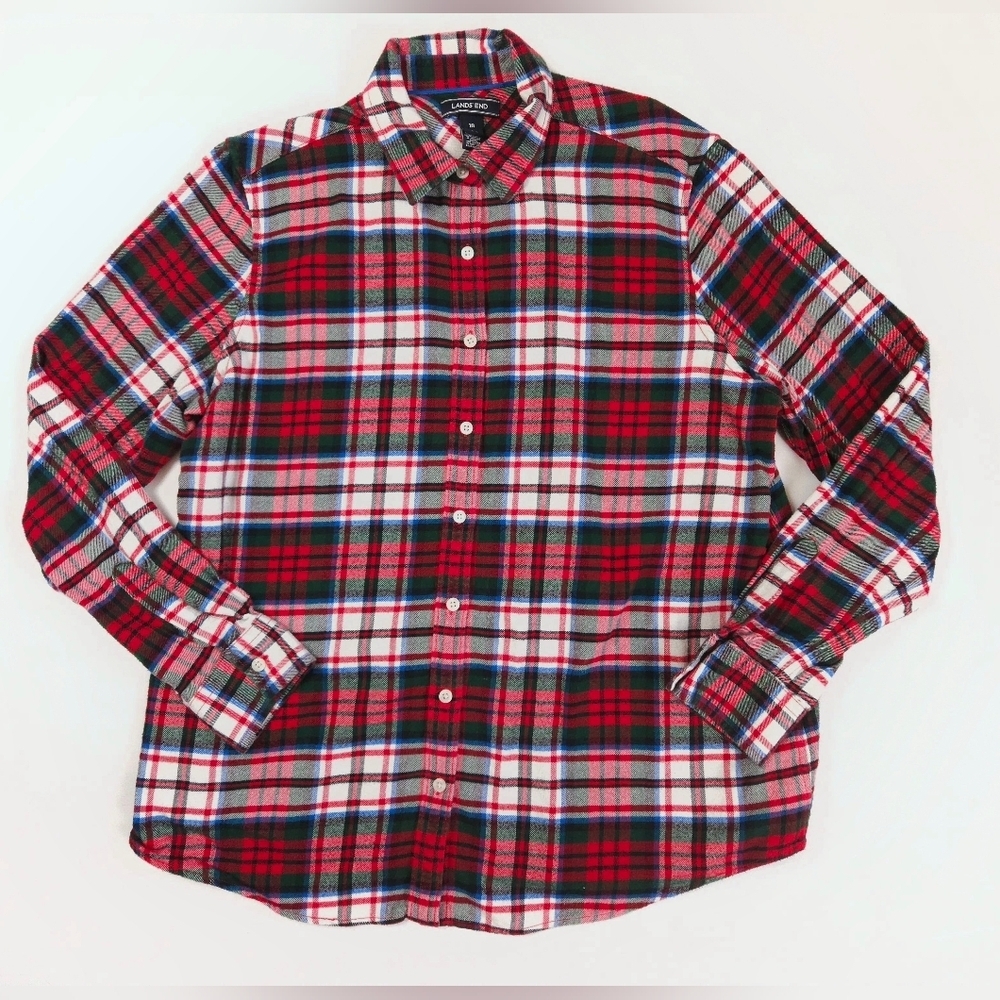 Land's End 100% Cotton Super Soft Red Green Plaid Flannel Shirt Girls 18